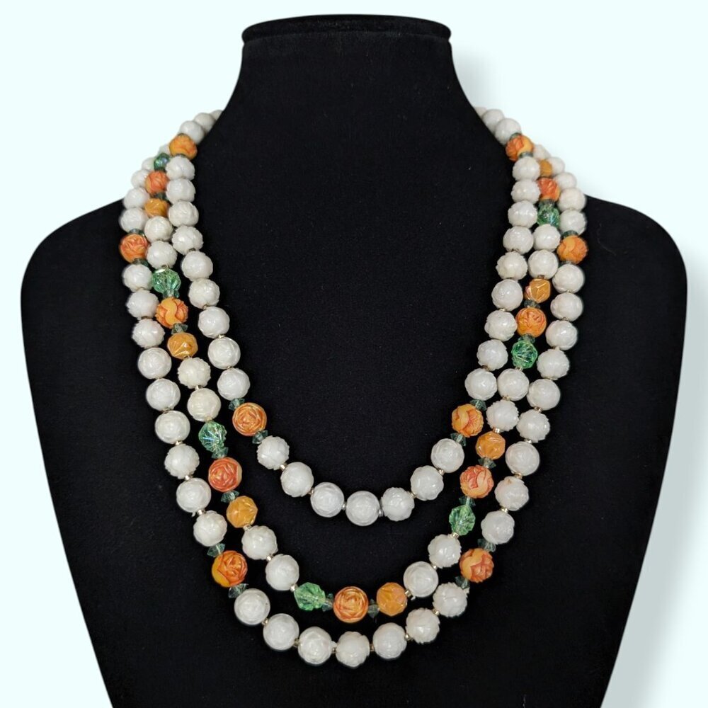Vintage 3-Strand Molded Lucite Floral Necklace